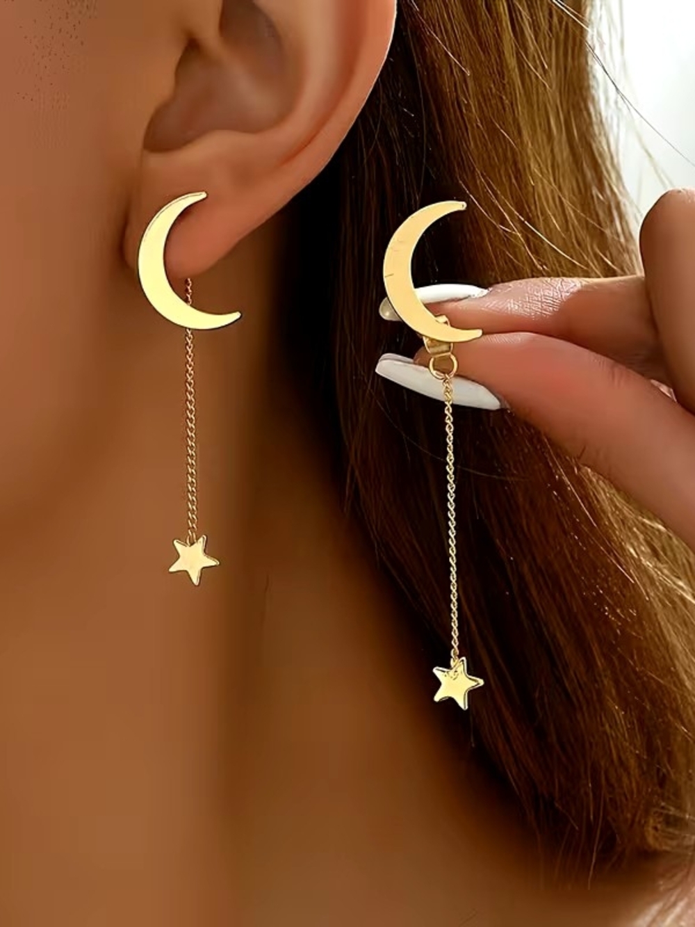Gold Crescent Moon & Star Drop Earrings - Women Jewelry